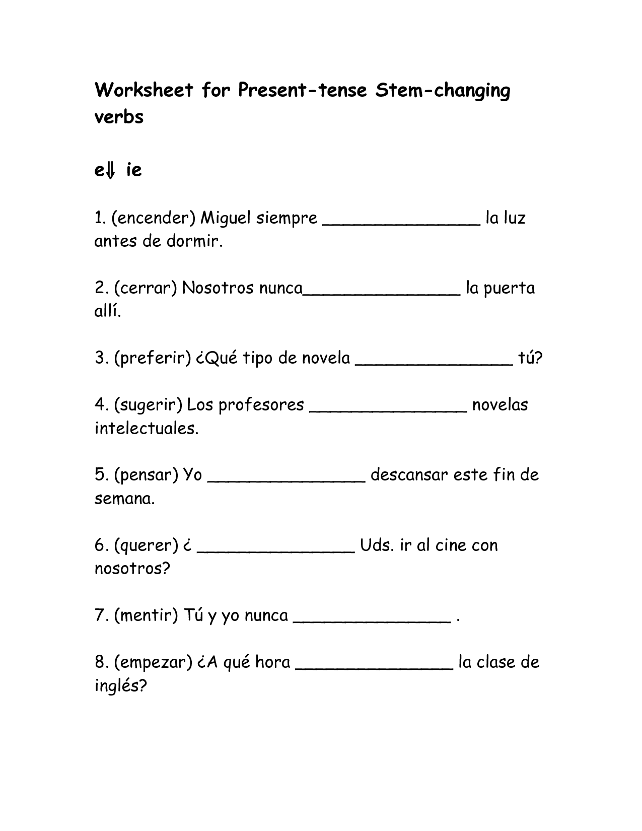 Present Tense Stem Changing Verbs Worksheets