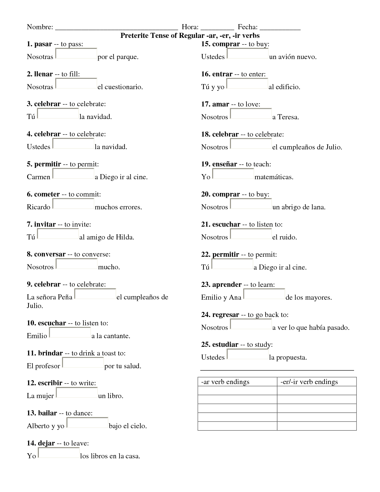 Preterite Regular Ar ER Ir Verbs in Spanish