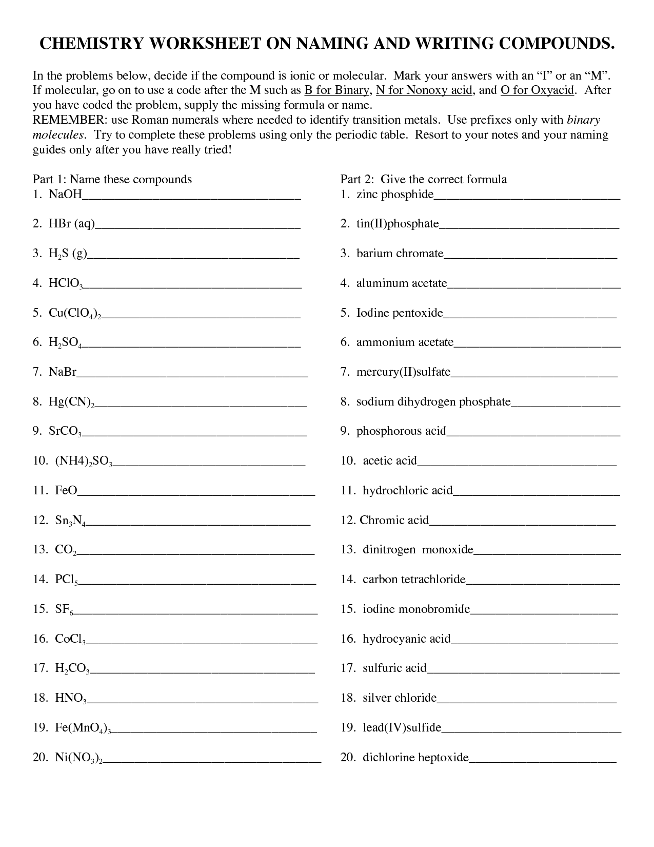 Nomenclature Naming Compounds Worksheet