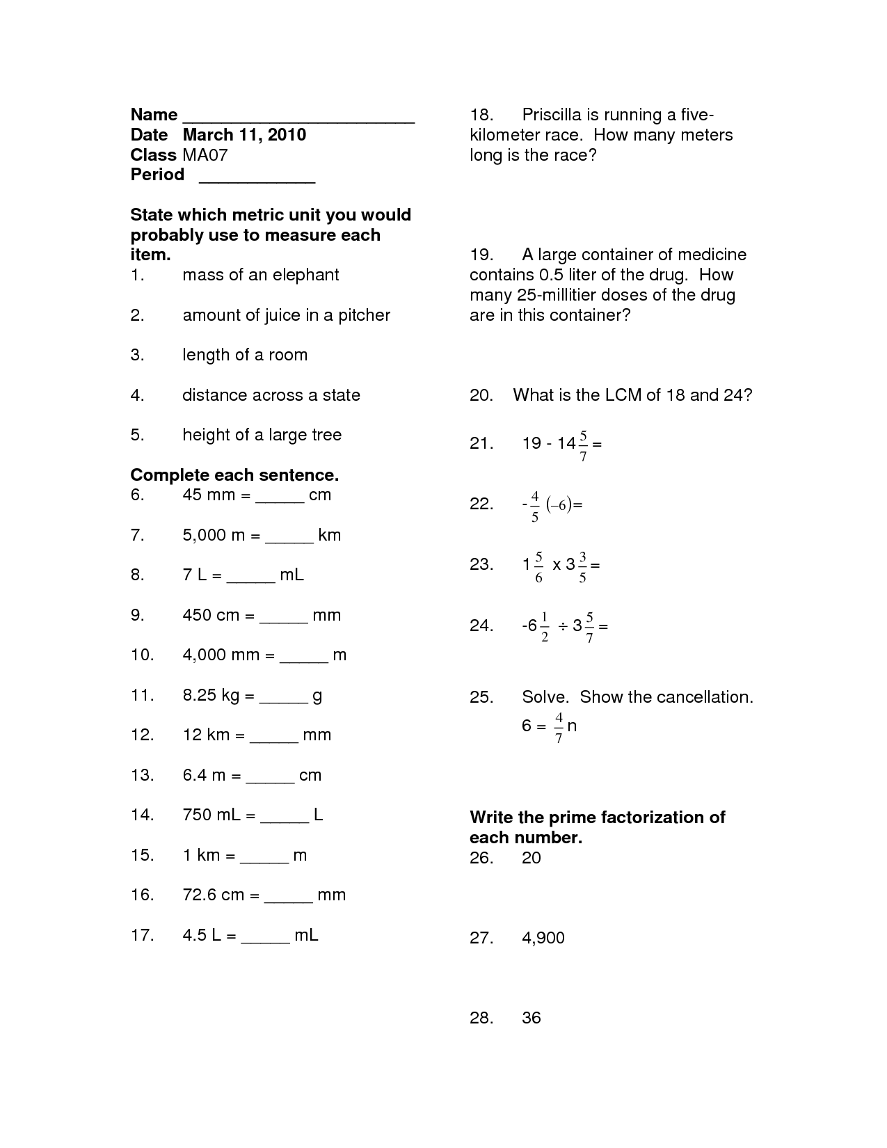 Converting within Metric System Worksheet