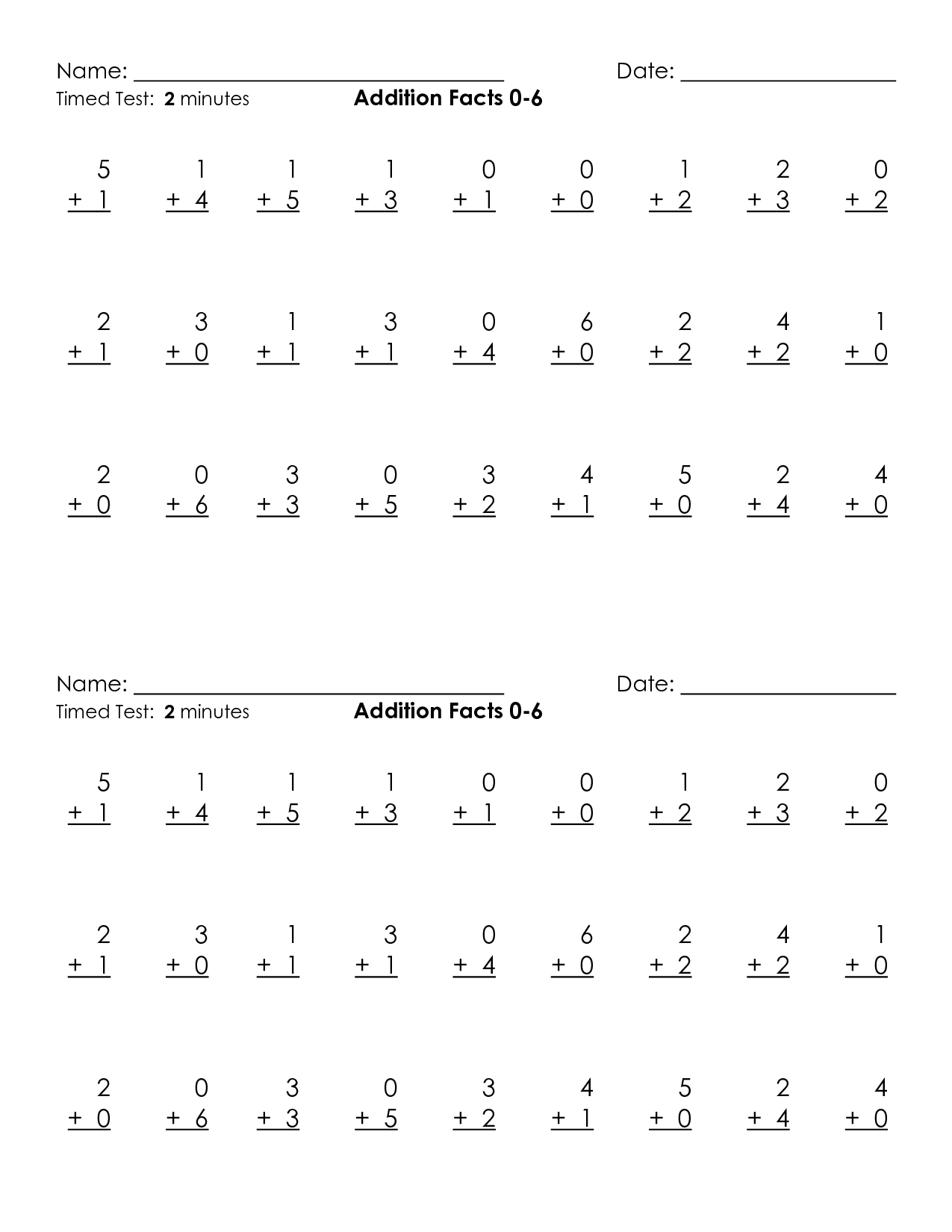 Math Addition Timed Tests Worksheets