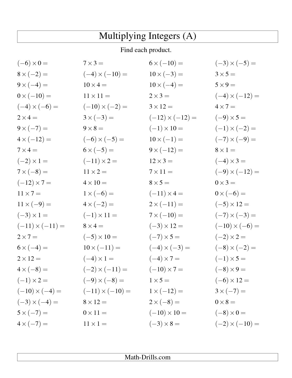 Multiplying Integers Worksheet