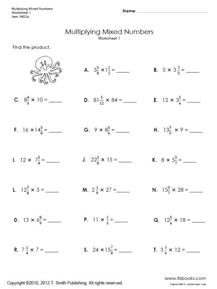 Multiplying Mixed Numbers Worksheets