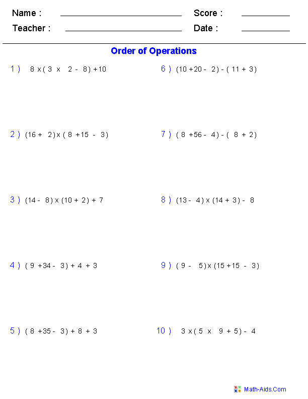 Order of Operations Worksheets 5th Grade Math