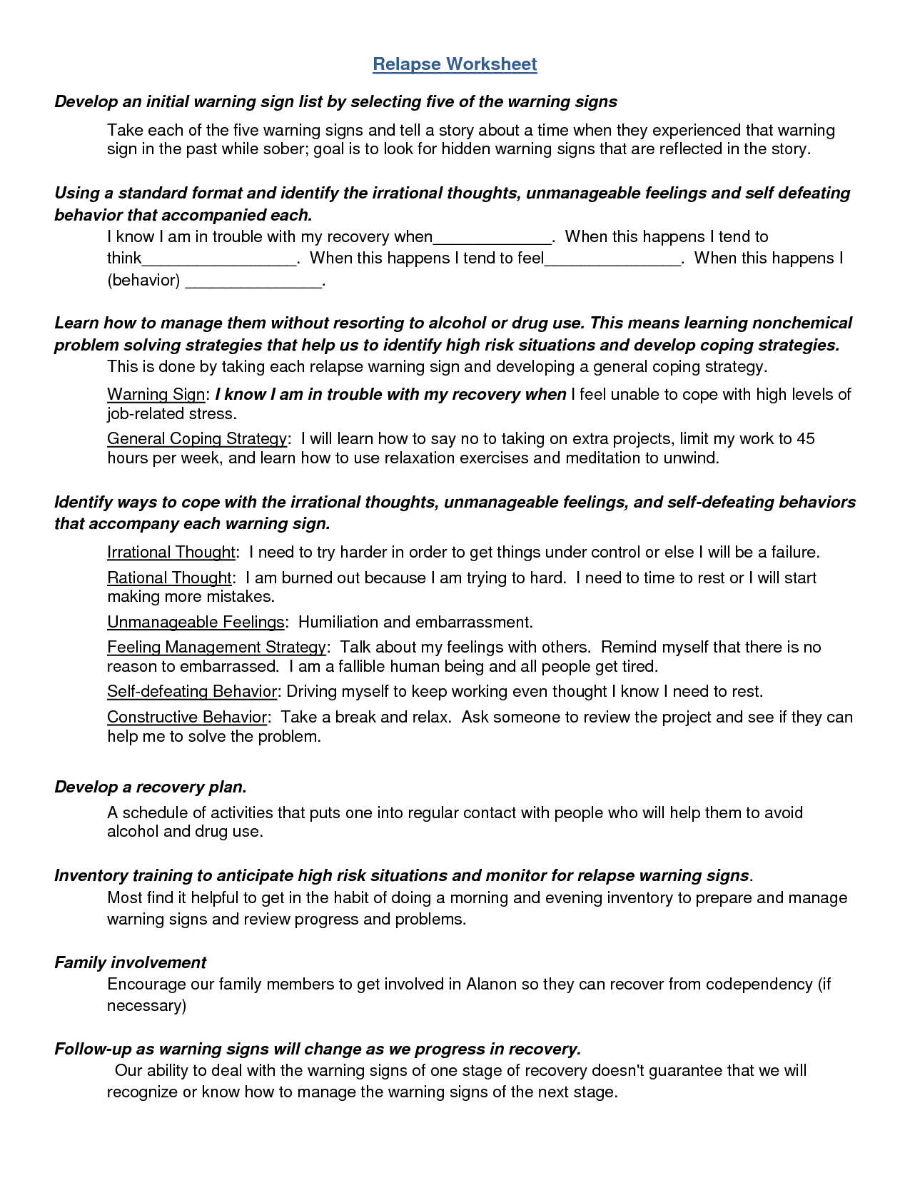 Relapse Warning Signs Worksheets