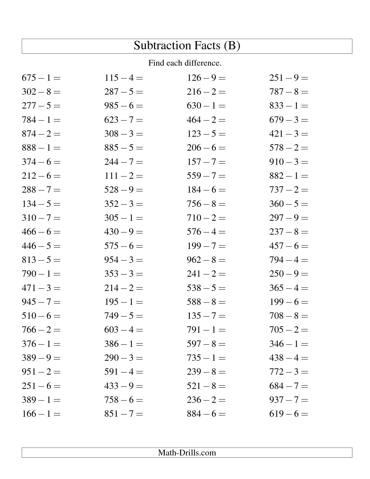 Three-Digit Subtraction Worksheets