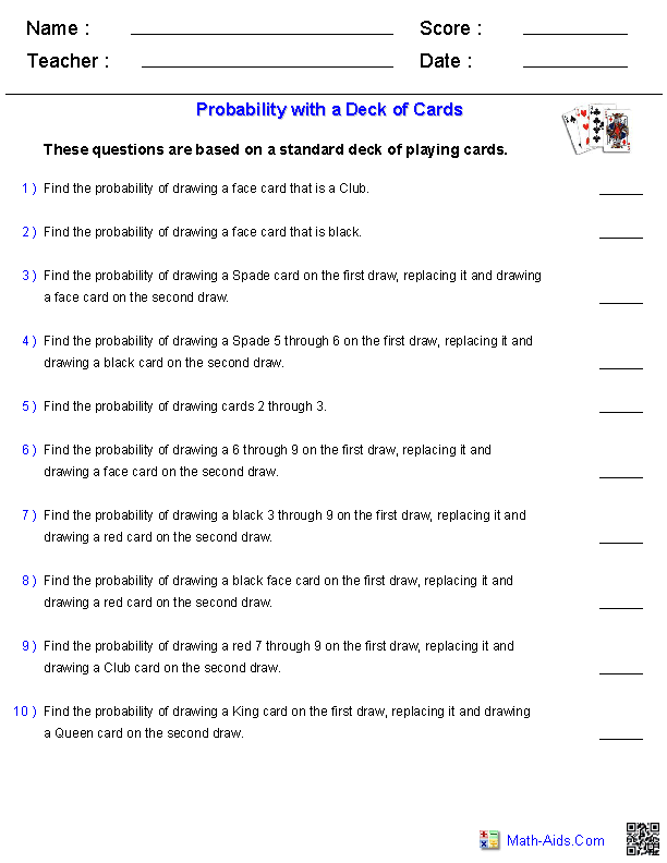 Worksheets Probability with Cards