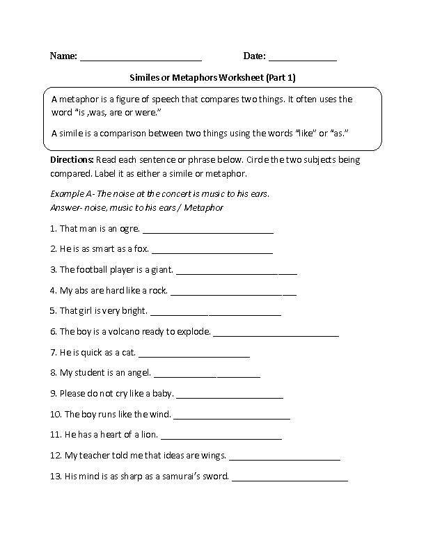 6th-Grade Simile and Metaphor Worksheets