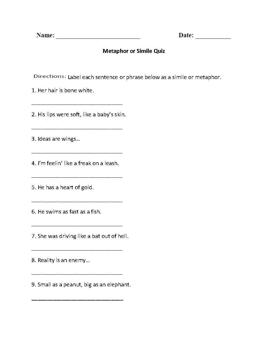 6th-Grade Simile and Metaphor Worksheets