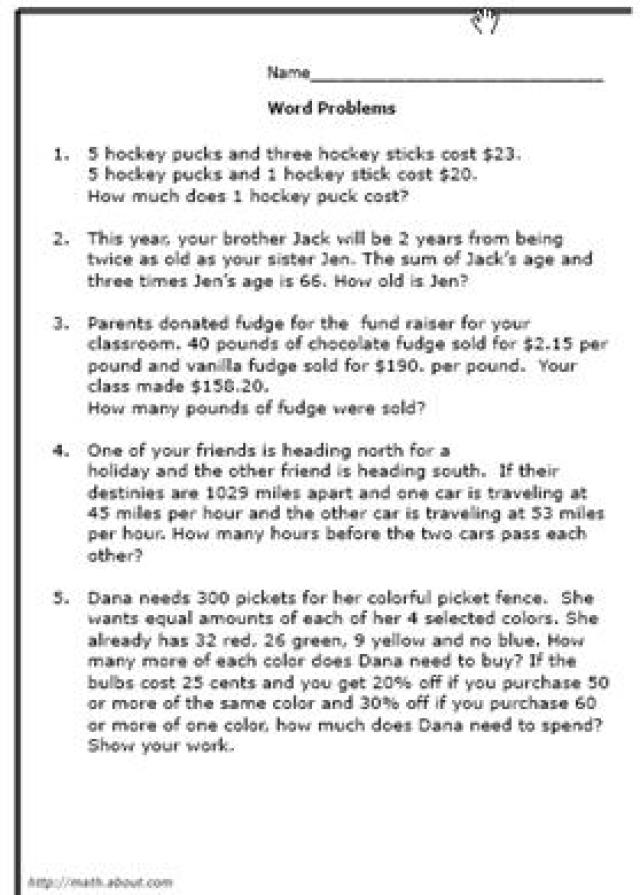 8th Grade Math Problems Worksheets