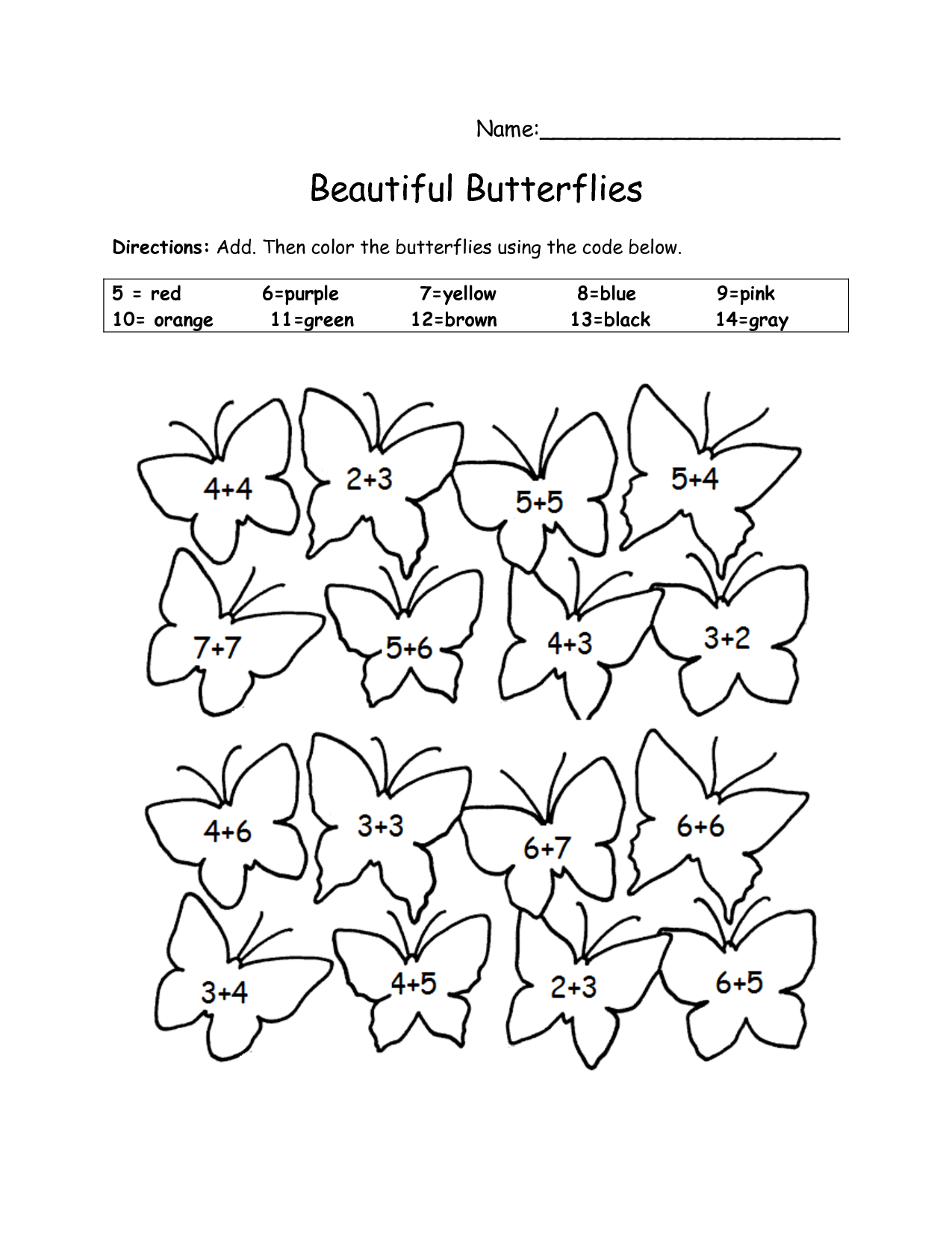 Butterfly Addition Worksheets