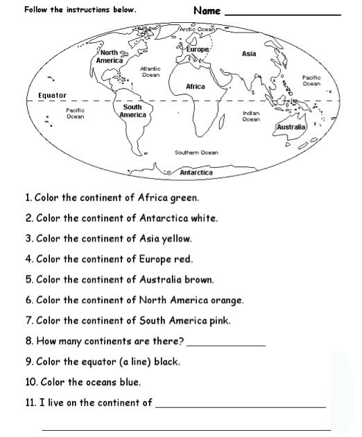 Continents and Oceans Worksheets