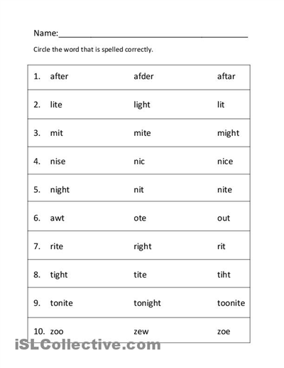 Elementary Spelling Worksheets