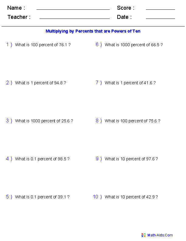 Math Percent Problems Worksheets