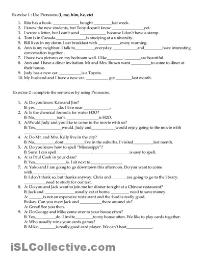 Subject and Object Pronouns Worksheet