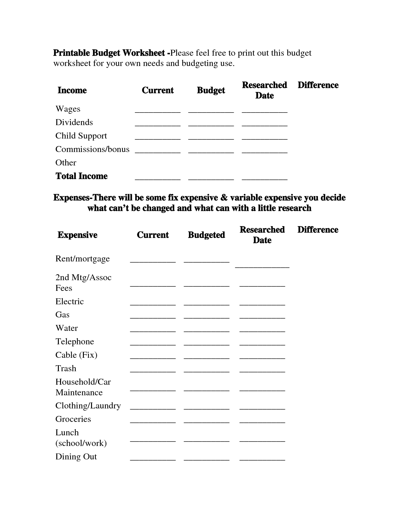 Free Printable Budget Worksheets