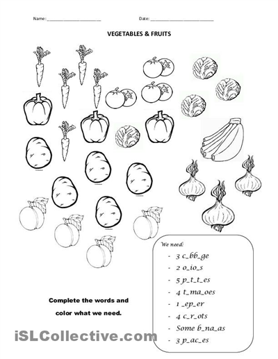 Fruit and Vegetable Worksheets