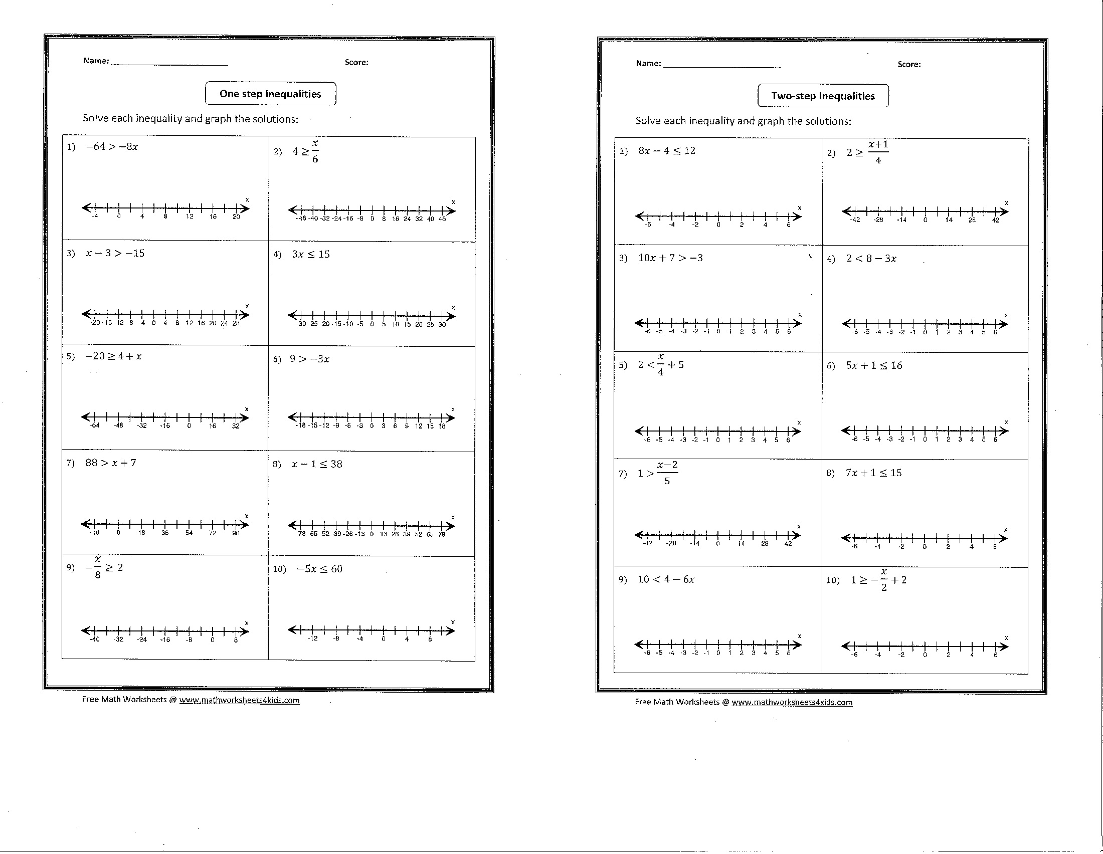 One Step Inequalities Worksheet