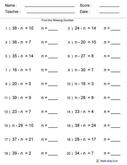 Subtraction Worksheets Missing Numbers