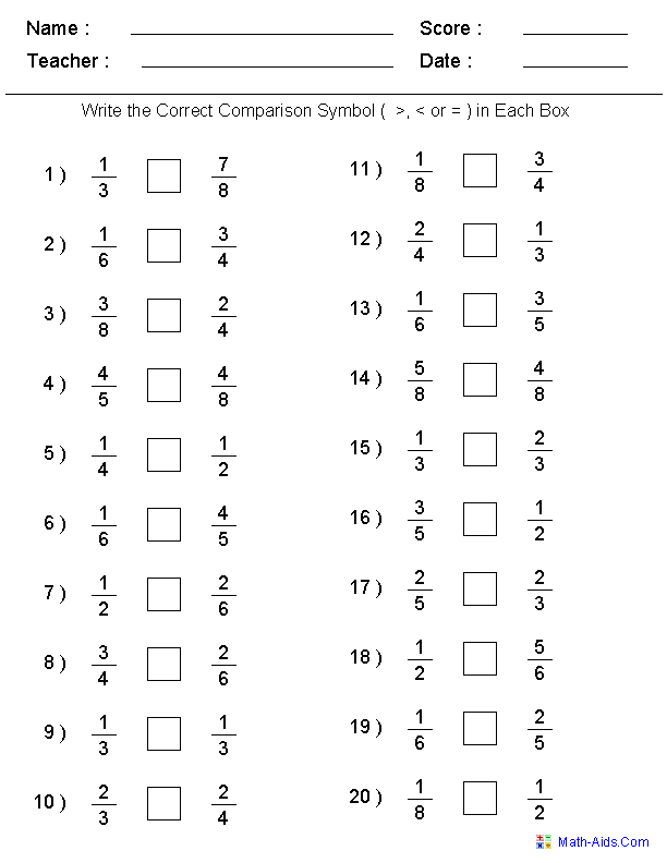 Comparing Fractions Worksheet Grade 4
