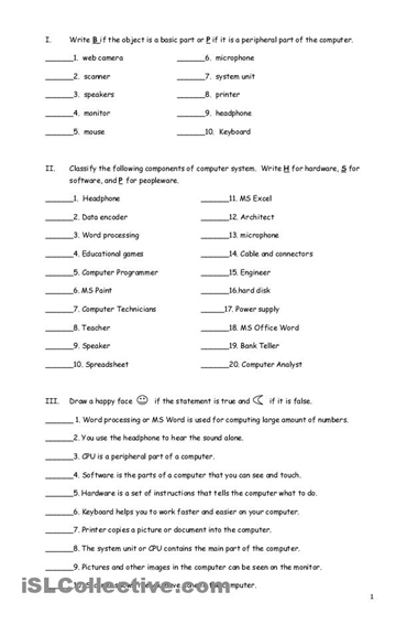 Computer Parts Worksheets Printable