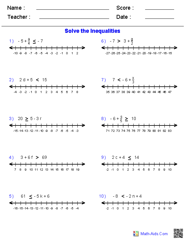 One Step Inequalities Worksheet