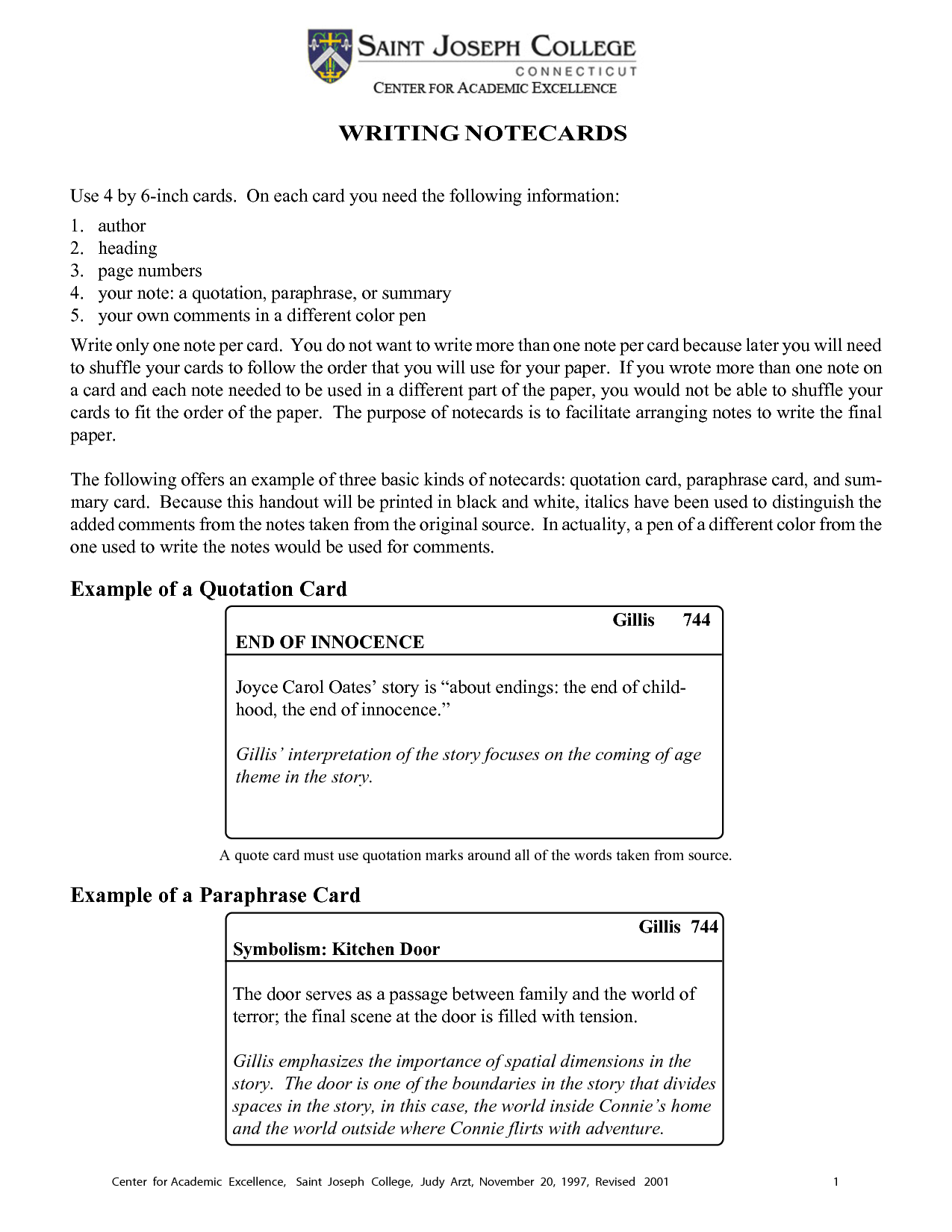 Paraphrase Note Card Example