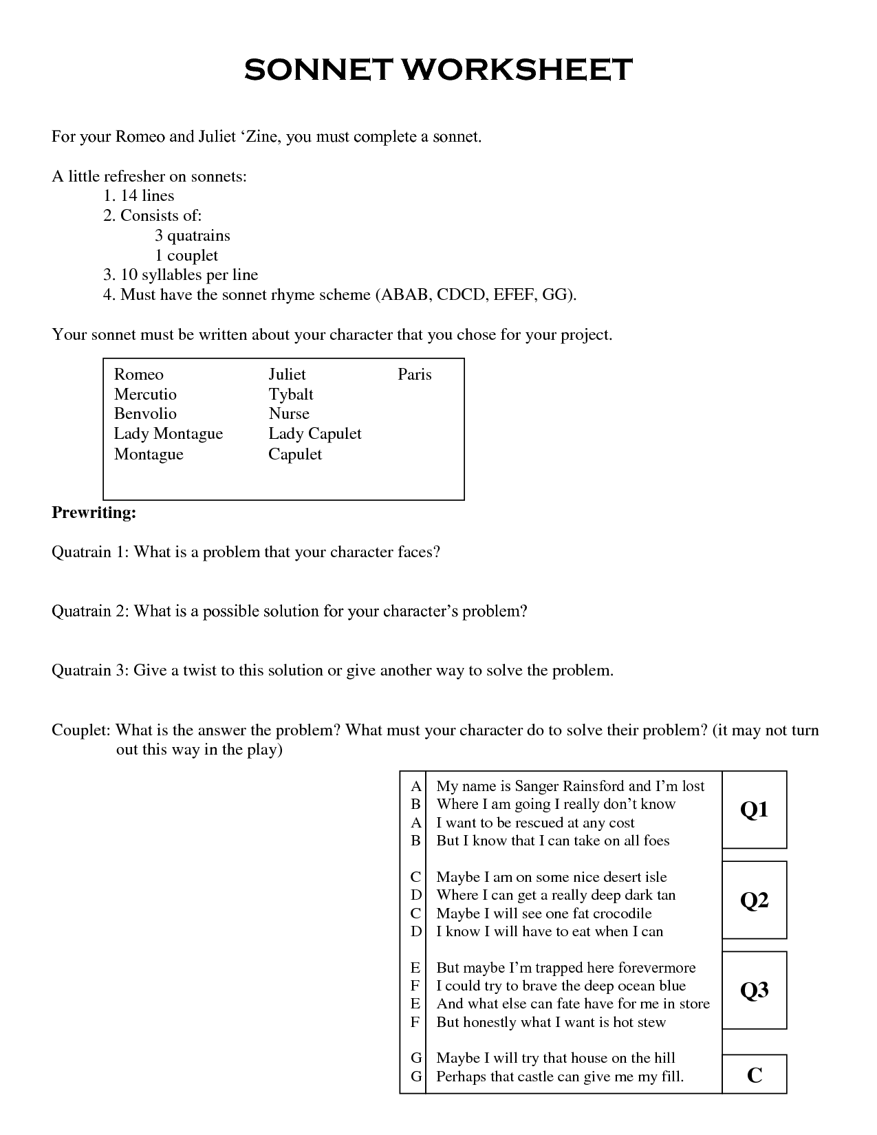 Quatrain Poem Worksheets