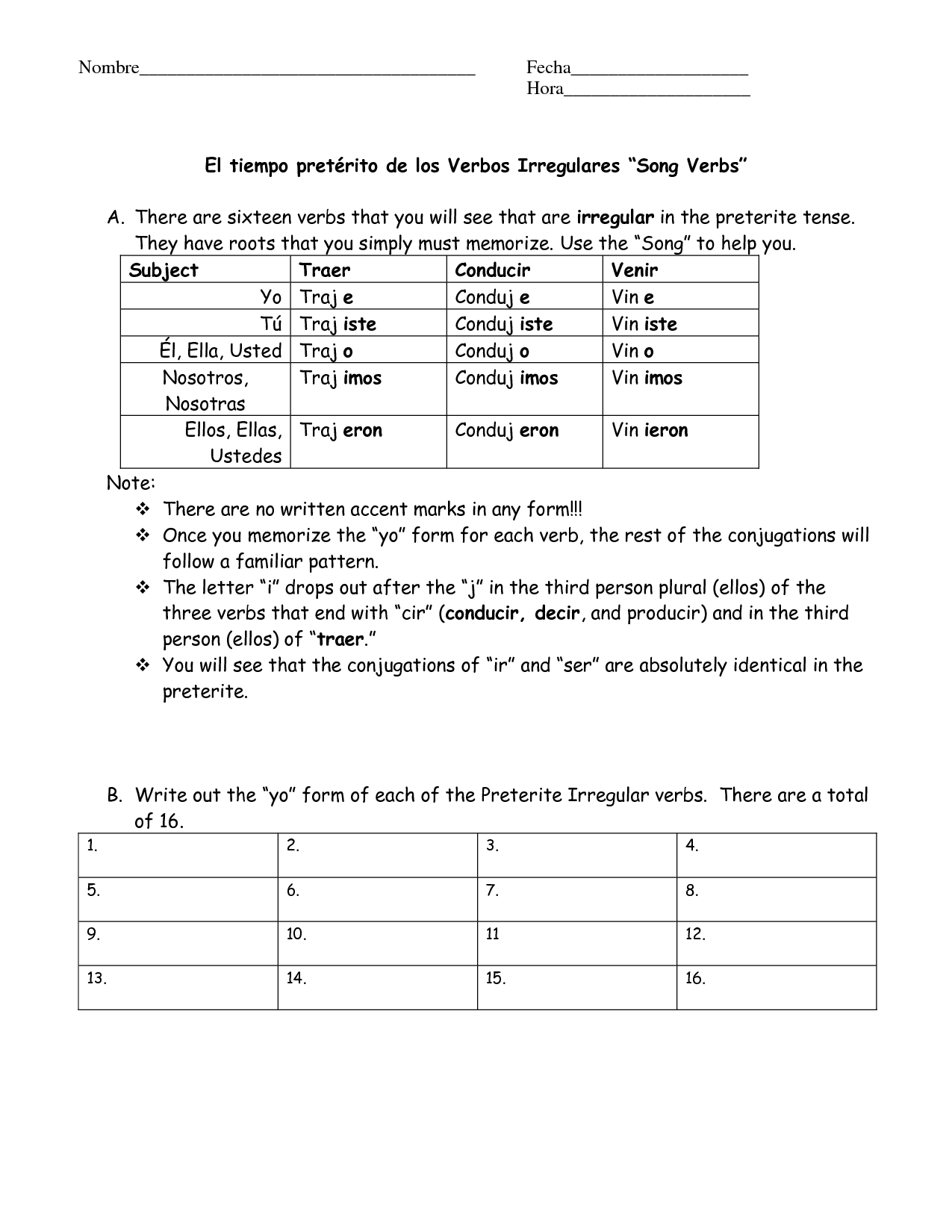 Spanish Irregular Preterite Worksheet