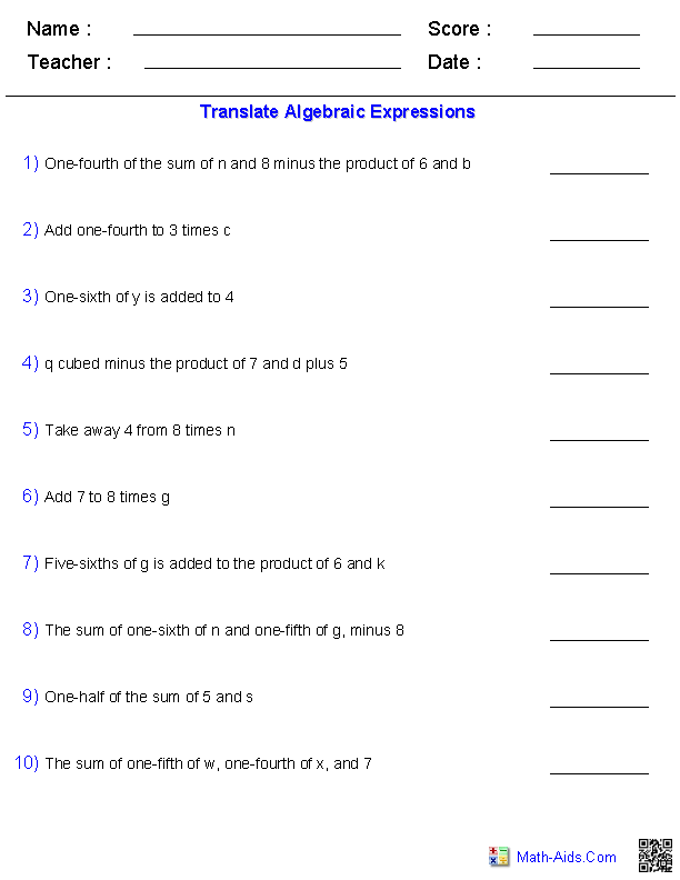 Translating Algebraic Expressions Worksheets