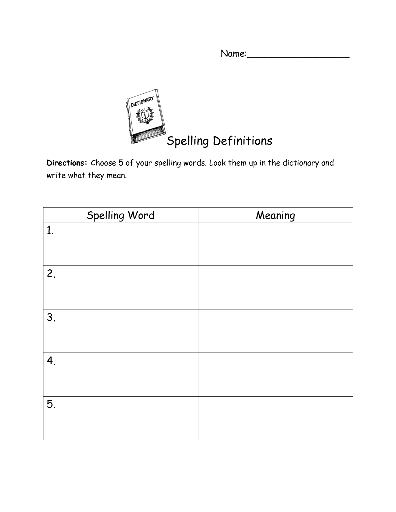 Worksheet Spelling Words with Definitions