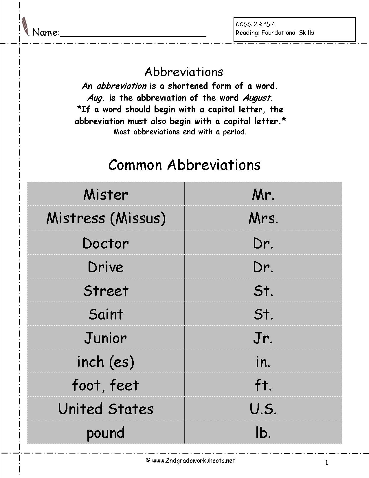 2nd Grade Abbreviation Worksheets