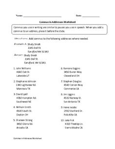 Commas in Addresses Worksheet