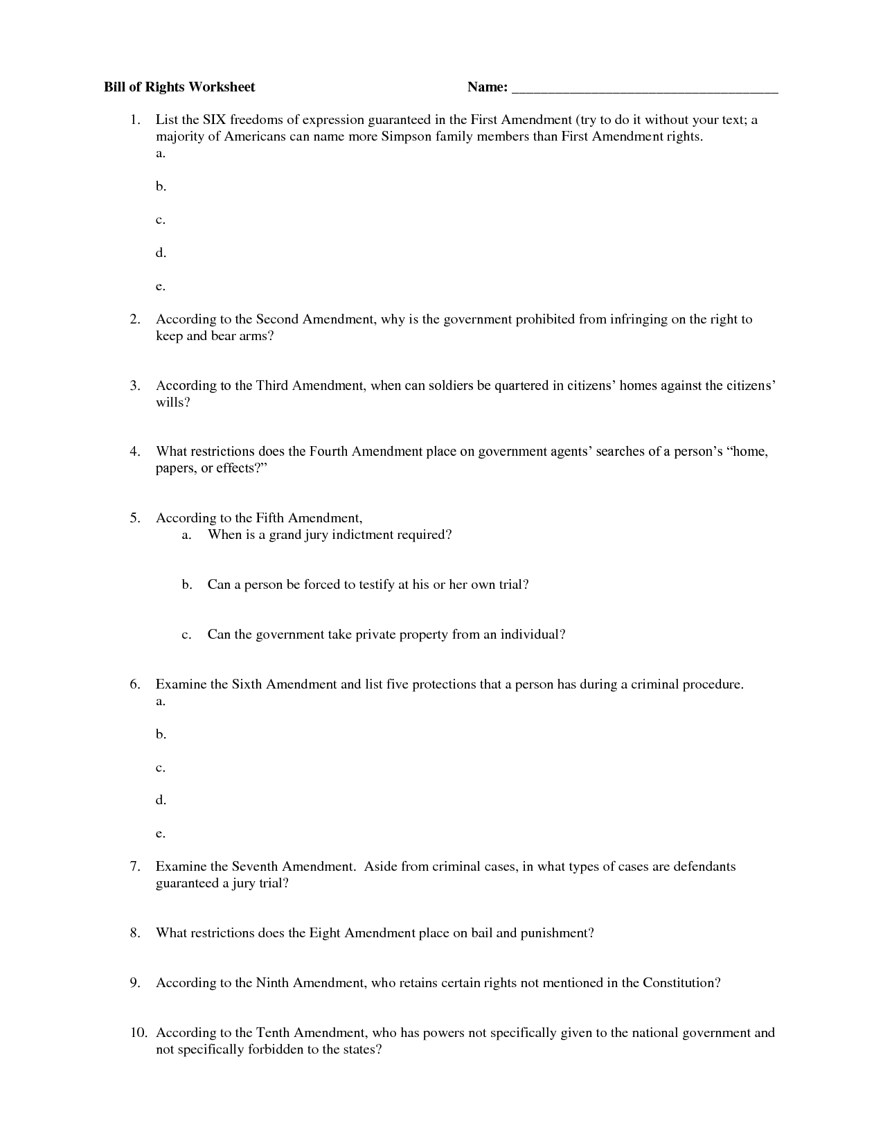 Printable Bill of Rights Worksheets