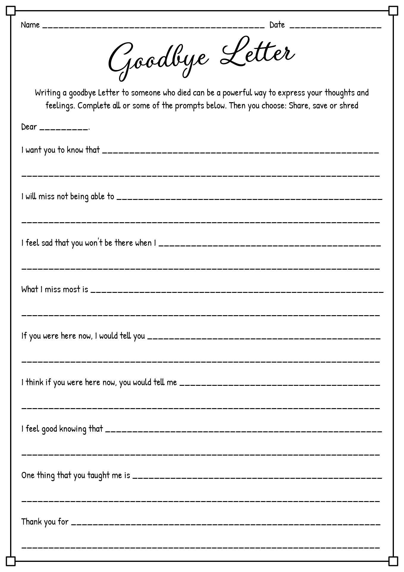 Therapy Goodbye Letter Worksheet