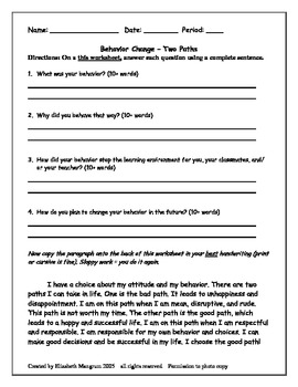 Behavior Reflection Worksheet Middle School