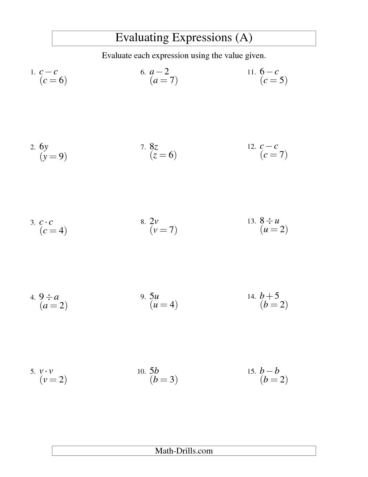 Evaluating Algebraic Expressions Worksheets