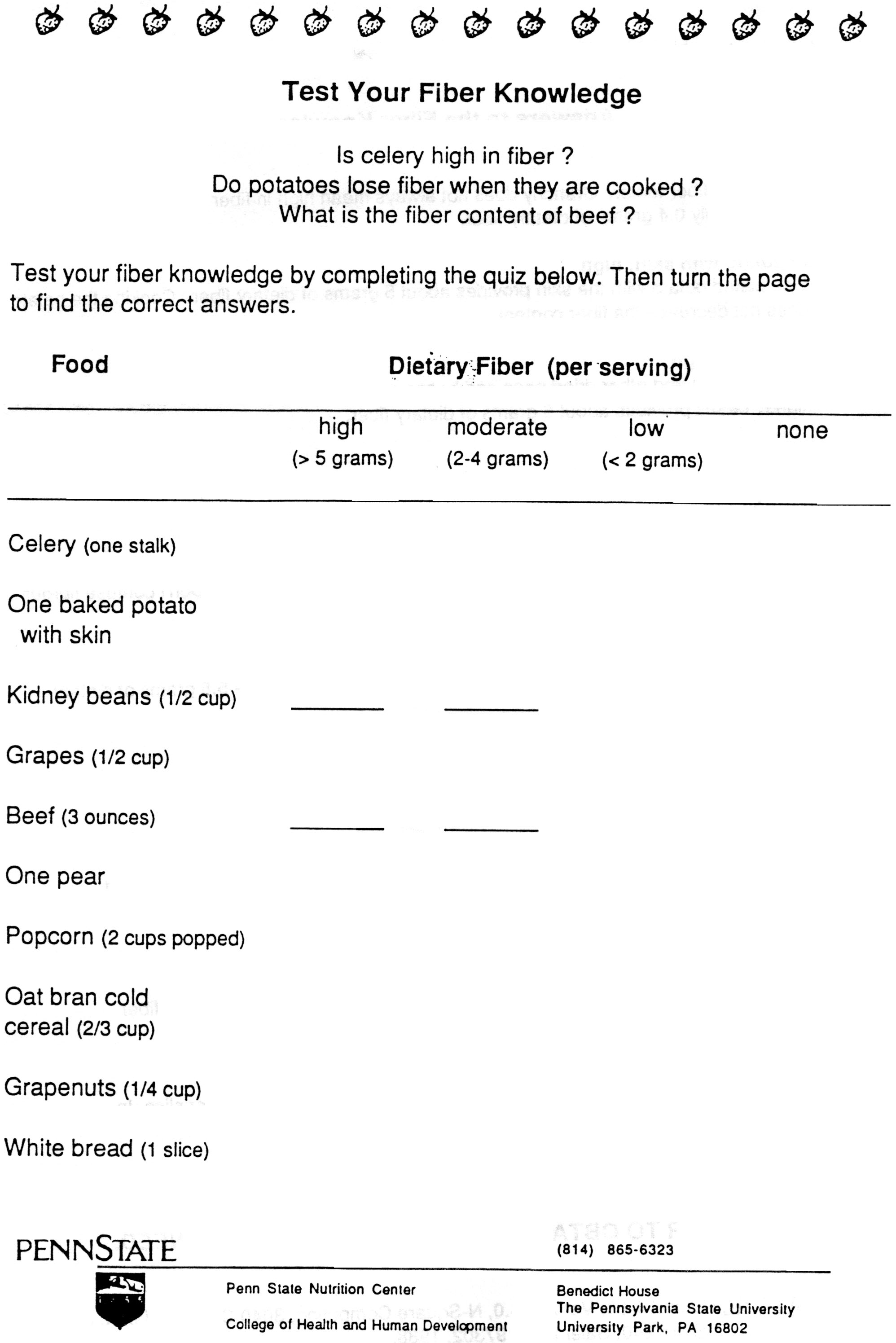 Fiber Food Worksheet