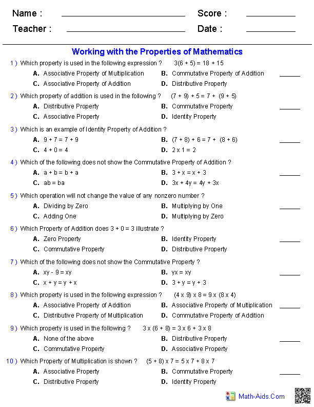 Math Properties Worksheets 7th Grade