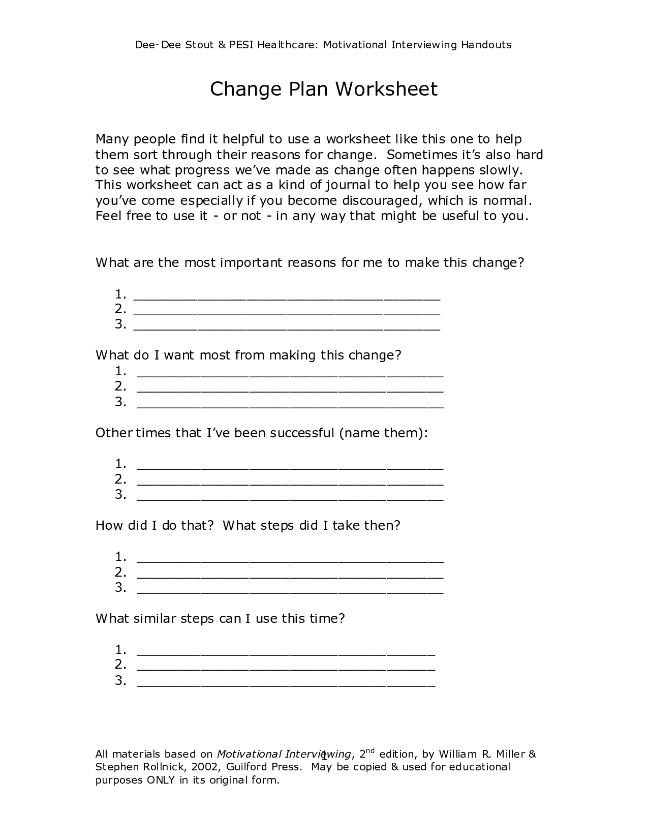 Motivational Interviewing Stages of Change Worksheet