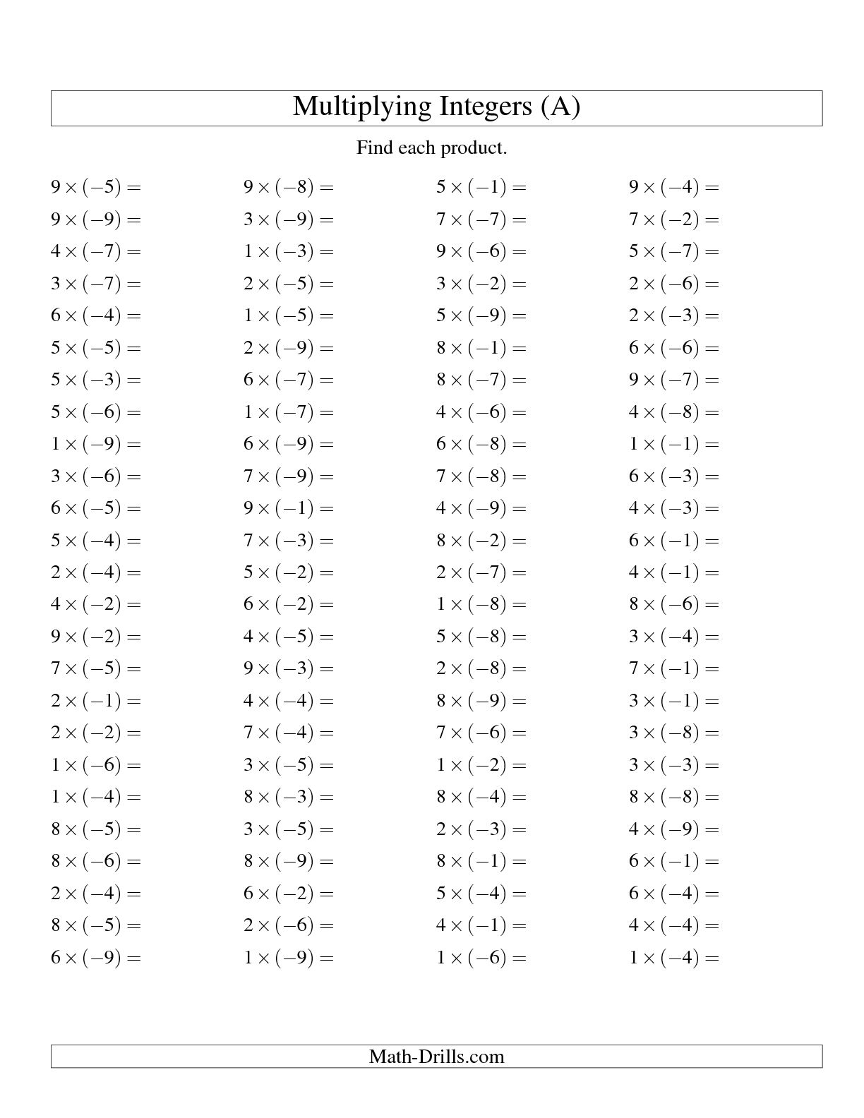 Multiplying Positive and Negative Integers Worksheets