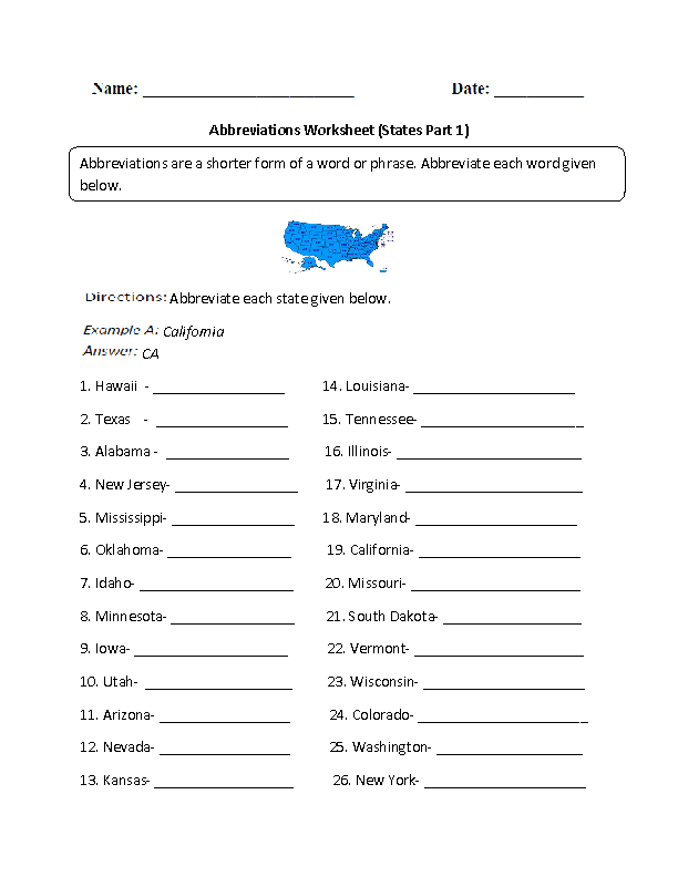 States and Abbreviations Worksheets