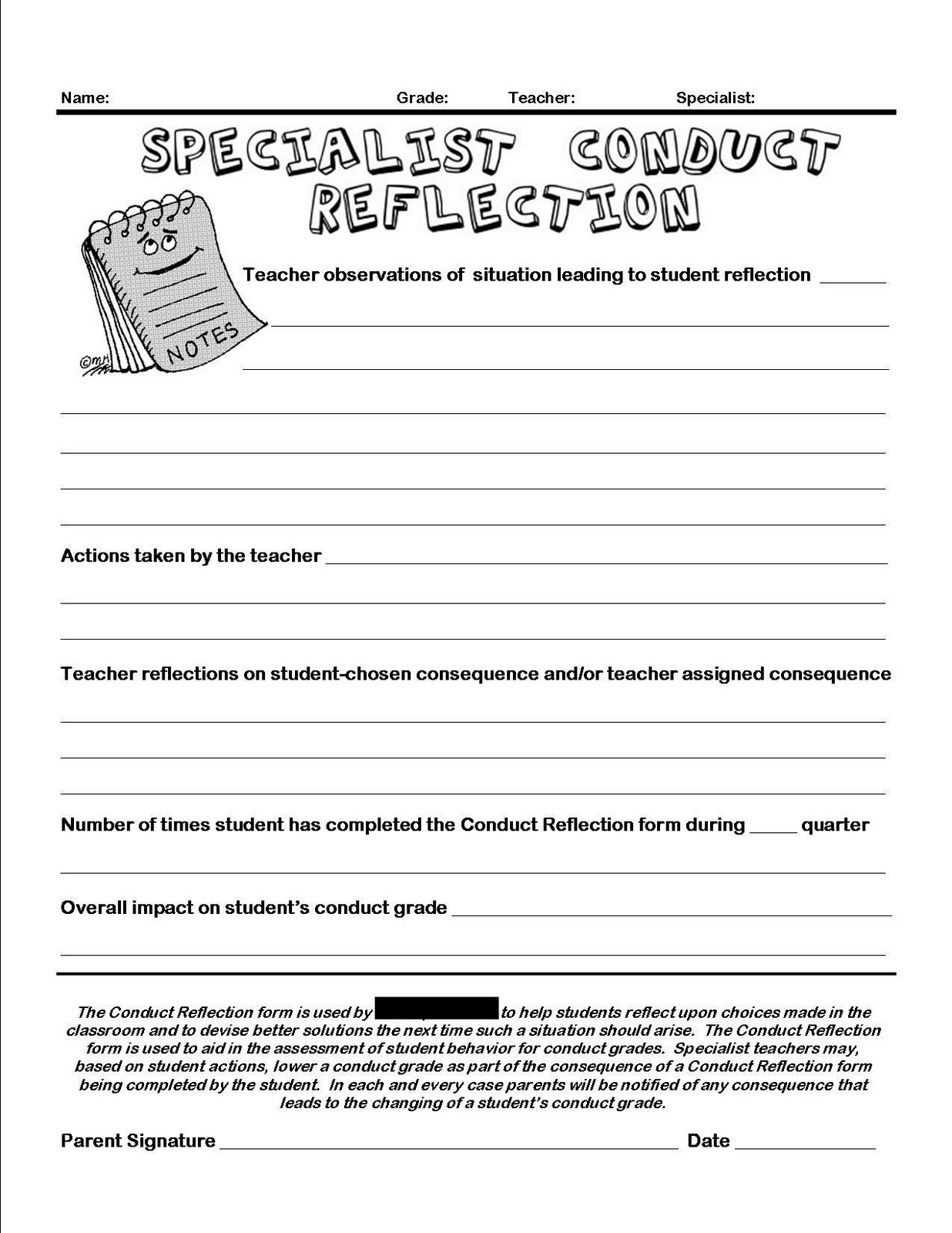 Student Behavior Reflection Sheet Template