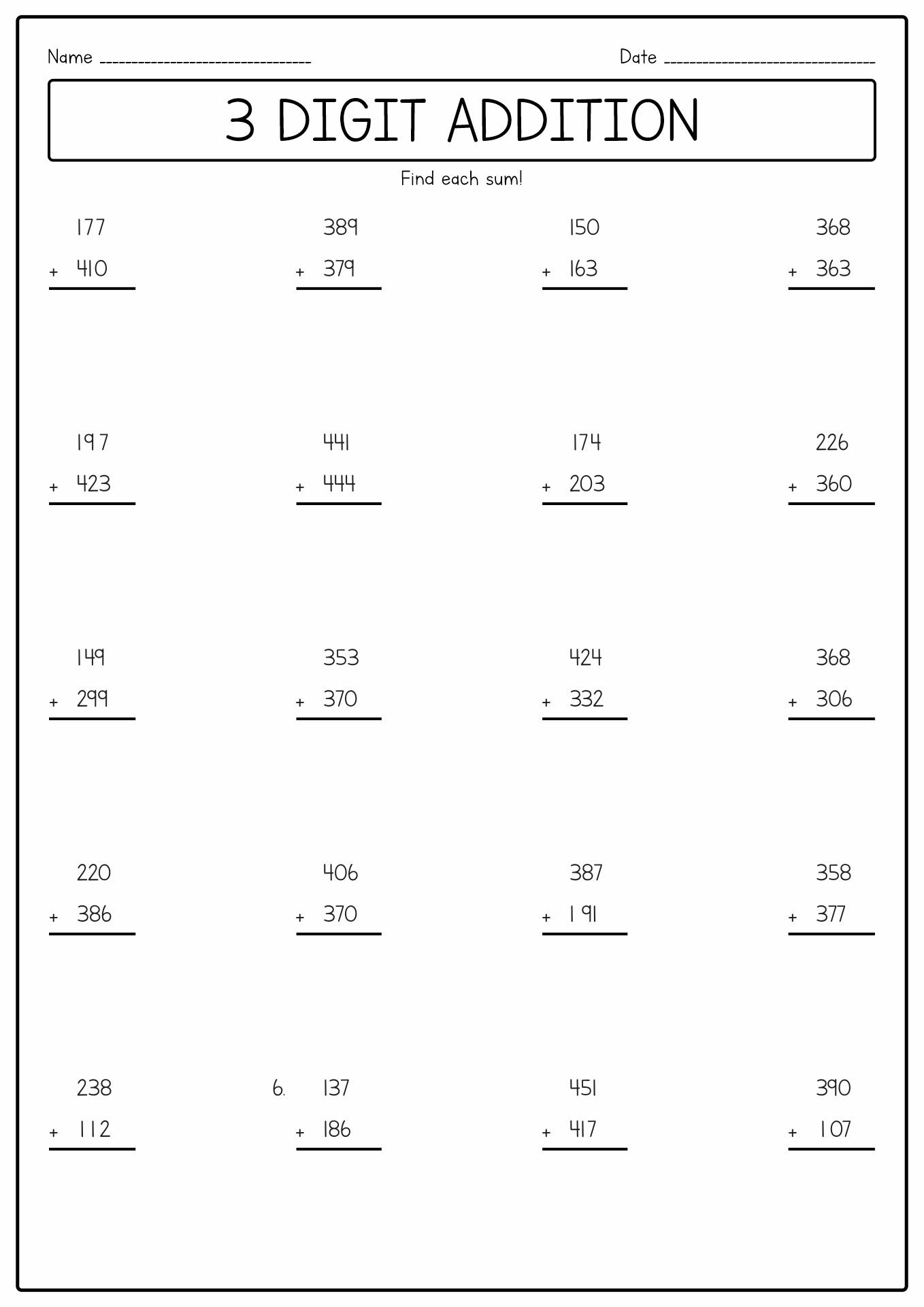 Three-Digit Addition Worksheets