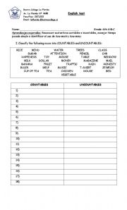 Countable and Uncountable Nouns Worksheets