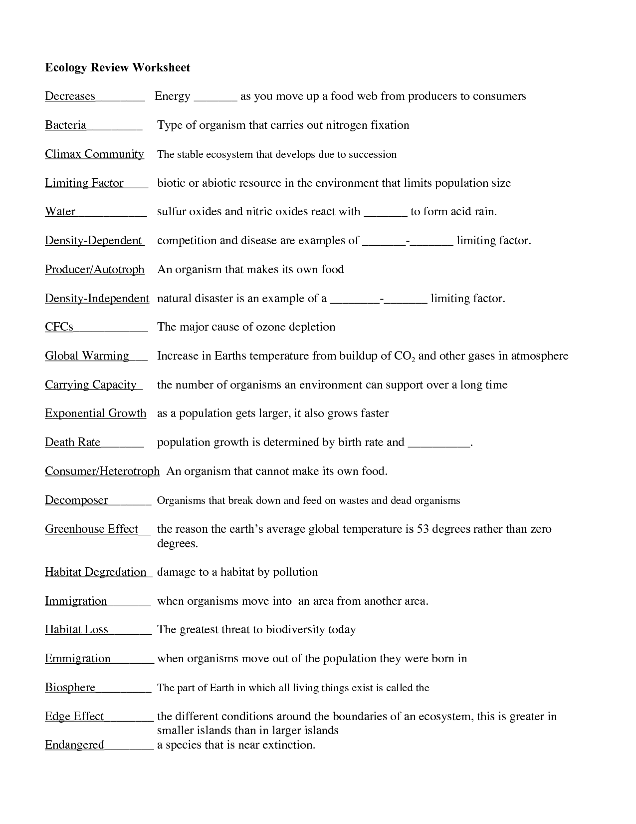 Ecosystem Population Worksheet