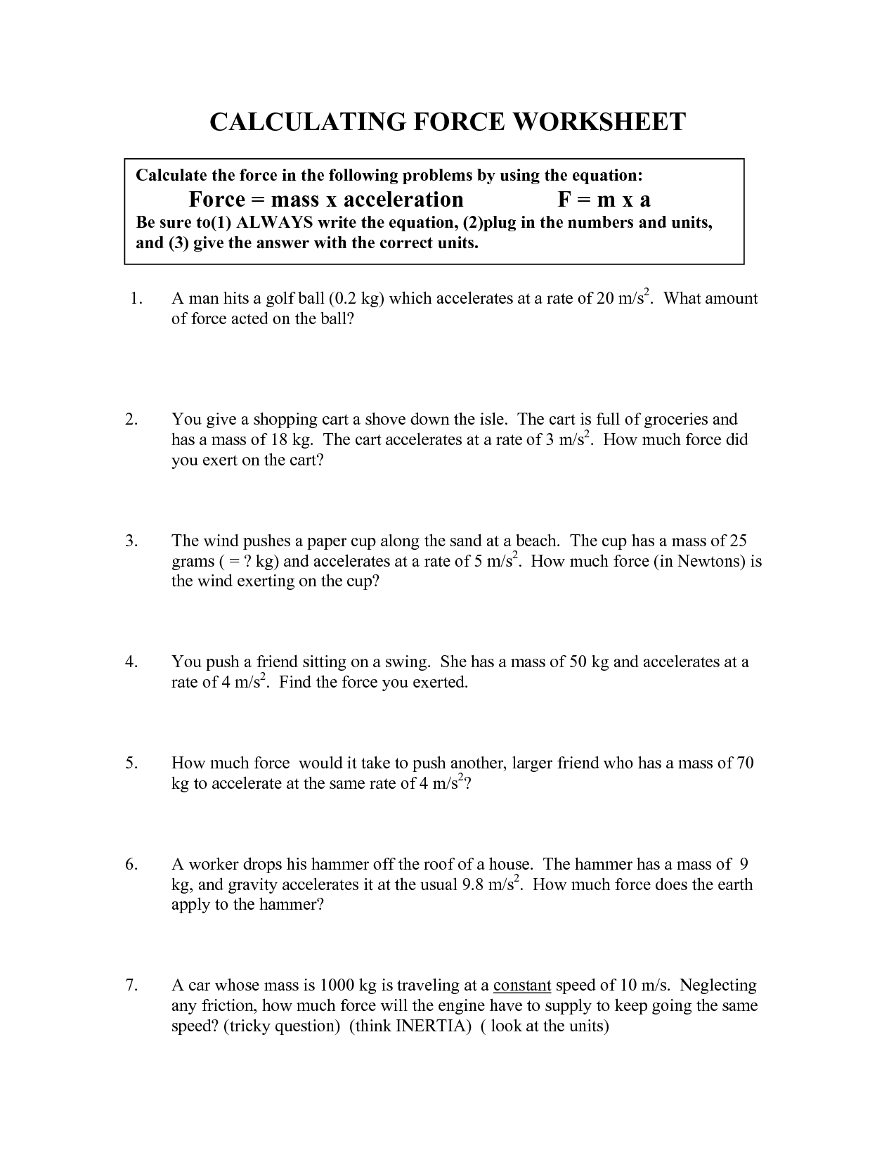 F Ma Worksheet Answers