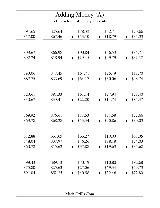 Math Drills Adding Money Worksheets