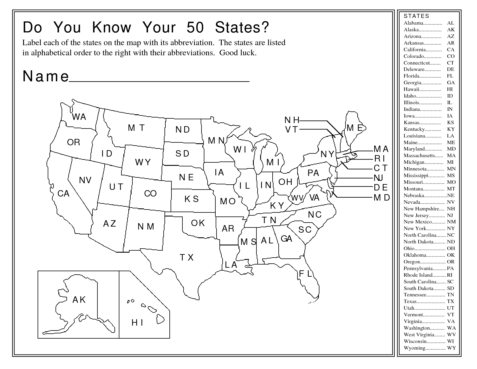 50 States Printable Worksheet