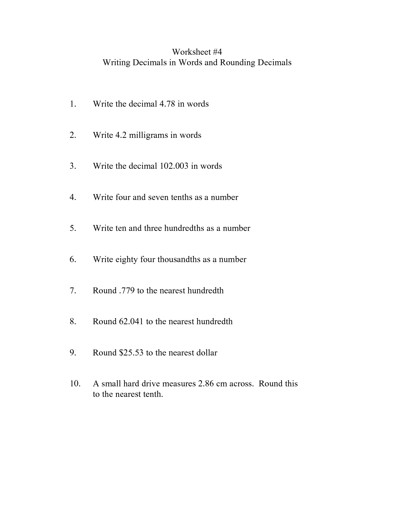 Writing Decimals In Word Form Worksheet